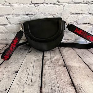 Express faux leather saddle bag with embroidered strap Black